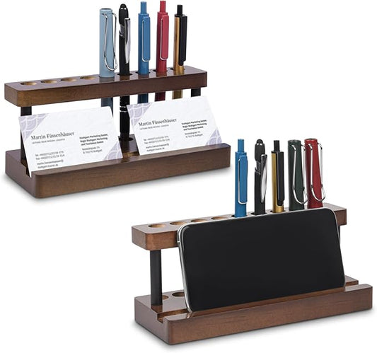 2 Pack Wooden Pen Holder for Desk, Wood Pencil Holder Fountain Pens Display Stand with 9 Slots and Phone Holder, Stylish Office Desk Decor, Pen Organizer for Office, Home