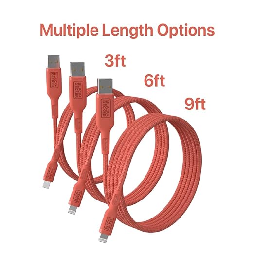 BLACK+DECKER Lightning to USB Cable - Fast Compatible iPhone Lightning Cable - Durable Braided iPhone Charger Cord - for Travel and Daily Use - Multiple Color + Length Options - 6ft