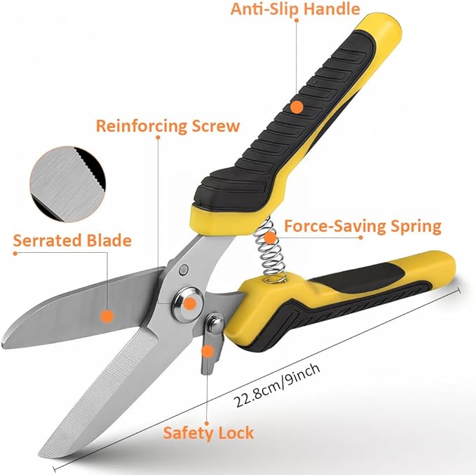 2PCS Scissors All Purpose, Tin Snips for Cutting Metal Sheet, Heavy Duty Industrial Shears, Stainless Steel Serrated Blade, Easy Cutting Wires, Cardboard, Leather, Iron Mesh