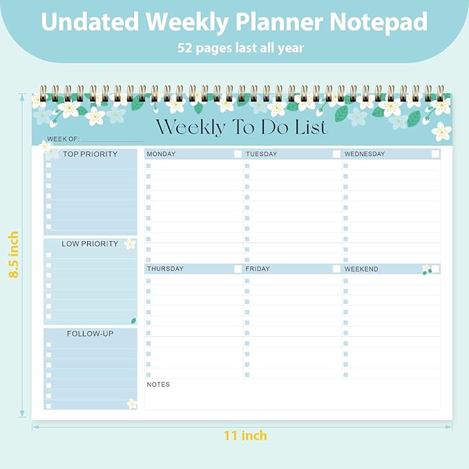 Weekly To Do List Notepad, Undated Planner with 52 Sheets (8.5''x11''), Desk Weekly Planner for Women & Man, Home School & Work (Flower)