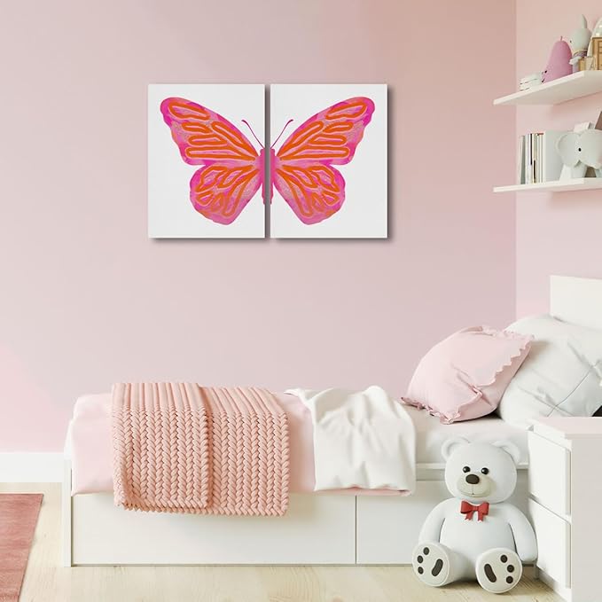 2PCs Pink Orange Butterfly Decorations Aesthetic Canvas Wall Art Butterfly Decor Preppy Framed Art Paintings Wall Decor Preppy Stuff Artwork College Apartment Room Decor Decorations Posters Prints