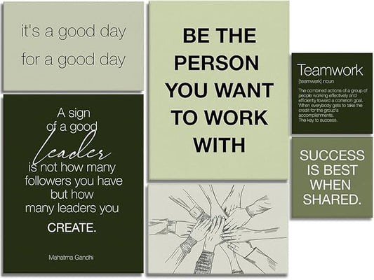 YEOION Sage Green Motivational Teamwork Office Wall Decor,Inspirational Team Work Wall Art Canvas Frame Artwork for Office Workplace Breakroom Wall Decor Set of 6