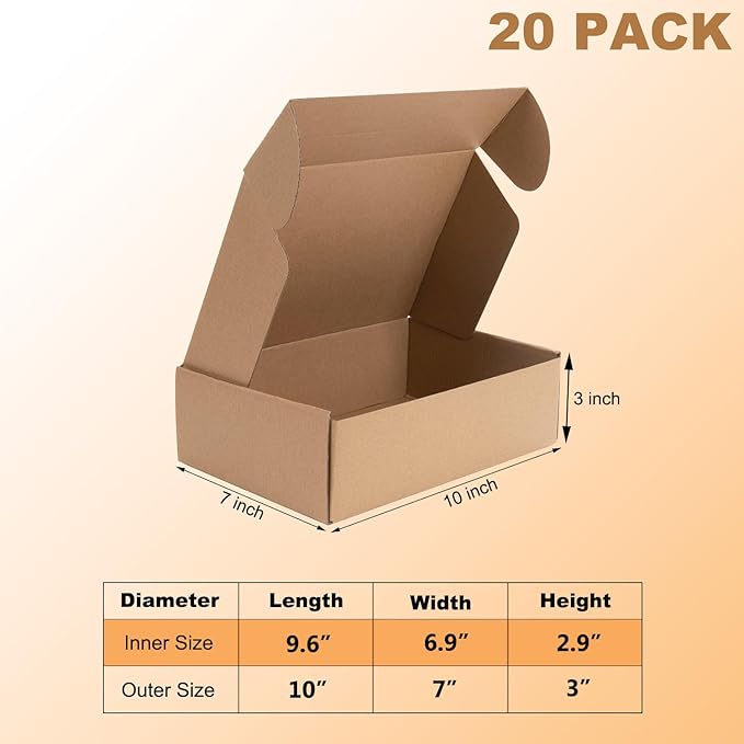 10x7x3 inches Shipping Boxes Set of 20, Brown Corrugated Cardboard Box,Recyclable Literature Mailer Boxes for Small Business Packaging, Mailing, Shipping
