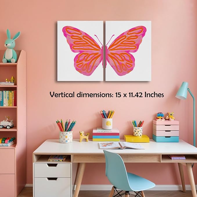 2PCs Pink Orange Butterfly Decorations Aesthetic Canvas Wall Art Butterfly Decor Preppy Framed Art Paintings Wall Decor Preppy Stuff Artwork College Apartment Room Decor Decorations Posters Prints