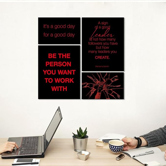 YEOION Inspirational Office Wall Art for Women,Motivational Teamwork Wall Decor for Office,Black and Red Postive Quote Workplace Canvas Wall Art for Set of 6