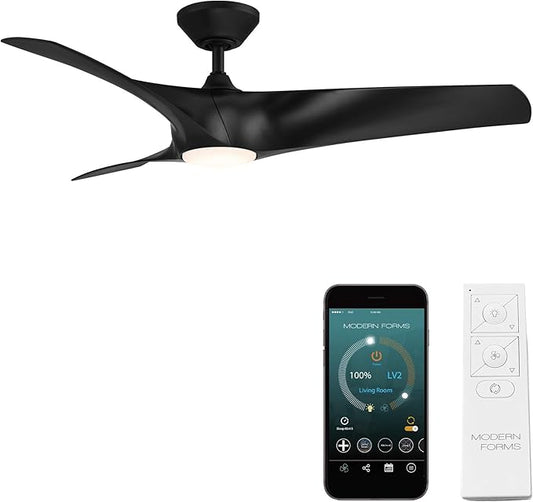 Zephyr Smart Indoor and Outdoor 3-Blade Ceiling Fan 52in Matte Black with Adjustable CCT 2700K-3000K-4000K-5000K LED Light Kit and Remote Control works with Alexa, and iOS or Android App