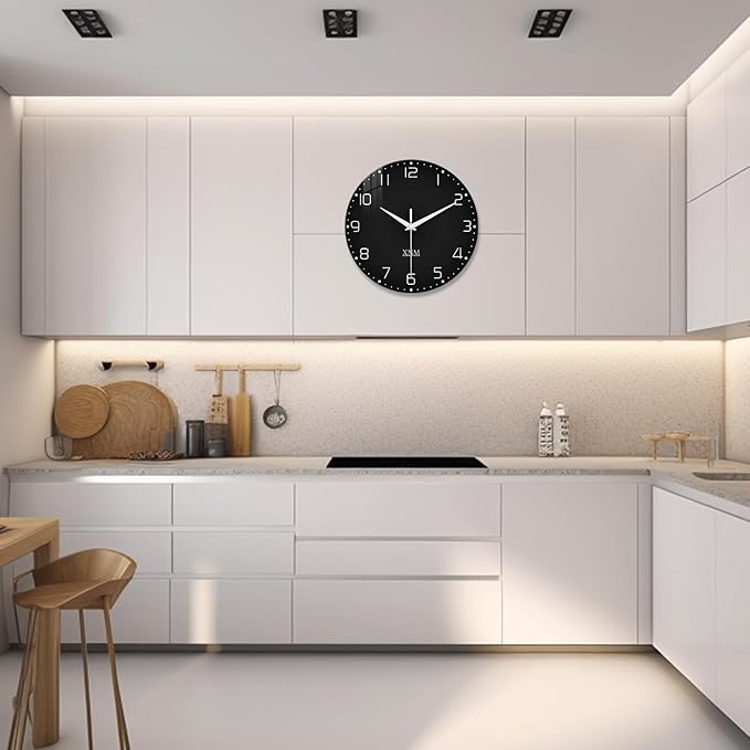 XNM Decorative Wall Clocks Battery Operated 14 Inch Black Wall Clock for Office Glass Modern Wall Clock Silent