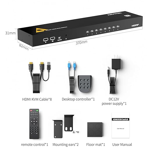 8 Port HDMI KVM Switch 4K@60Hz, 1U Rack Mount, USB Keyboard Mouse Sharing for 8PCs, Independent 3.5mm Audio Output, Includes 8 HDMI Cables, IR Remote, 4 USB 2.0 Hubs, Wired Controller