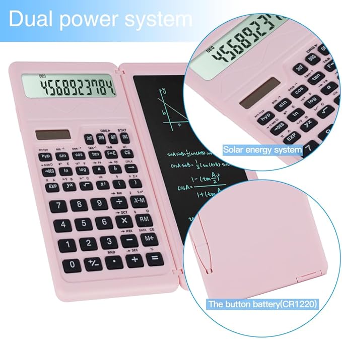 Scientific Calculators for Middle School & High School, Solar and Battery Power with Notepad for School，10 Digits Digital with Erasable Writing Board Math Calculator (Pink)