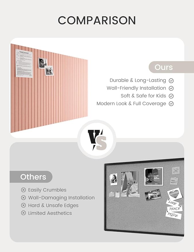 Bumusty Large Cork Board Alternative-47 x35 Felt Bulletin Board Tiles, with 30 Pushpins, 70 Adhesive Tabs, 12-Pack Slat Wall Paneling, Cork Boards for Office Push Pin Board Felt Board-Pink