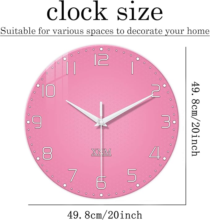 XNM Decorative Wall Clocks for Living Room Girls Pink Large Wall Clocks Battery Operated 20 Inch Glass Wall Clock Silent