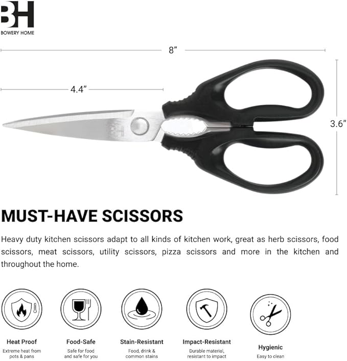 BOWERY HOME Kitchen Scissors - Heavy Duty Kitchen Shears - Lightweight Scissors - For Cutting Food, Meat, Fish, Vegetable - NOT MADE IN CHINA - Multi-purpose Kitchen Shears (8 inches)
