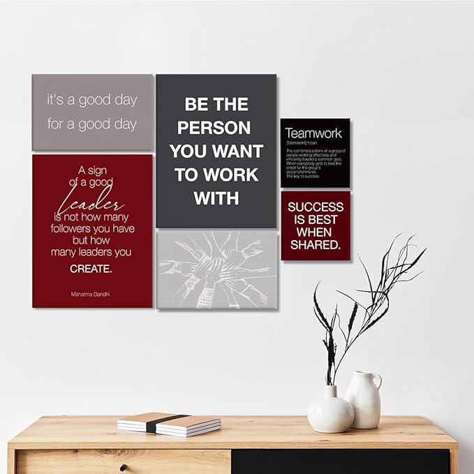 YEOION Red Grey Black Motivational Teamwork Office Wall Decor,Inspirational Team Work Wall Art Canvas Frame Artwork for Office Workplace Breakroom Wall Decor Set of 6
