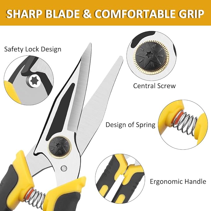 Stainless Steel Industrial Scissors, Utility Heavy Duty with Non-Slip Comfortable Handle & Safety Lock, Ultra Sharp Stainless Steel Scissors for Cutting Wires, Leather