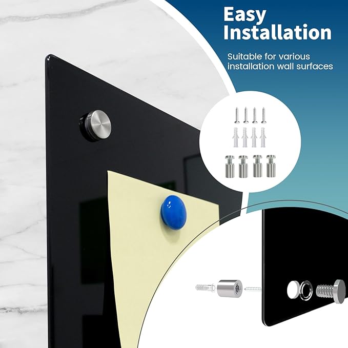 Magnetic Glass Dry Erase Board White Board Wall Mounted Whiteboard, Large Frameless White Board (Glassboard Black, 60" W x 36" H)