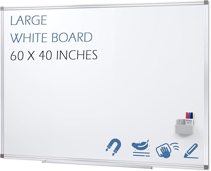 Dry Erase Board 60" x 40" Aluminum Presentation Magnetic Whiteboard with Long Pen Tray, Wall Mounted White Board for School, Office and Home