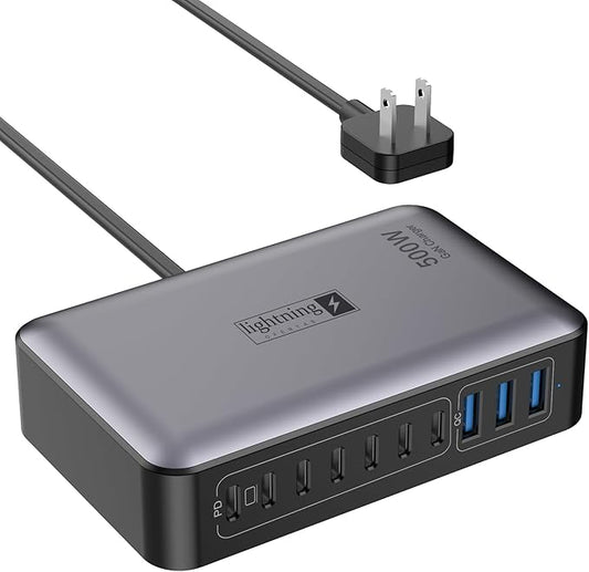 USB C Charger Block 500W, 10-Port Charging Station, GaN PD 140W Type C Fast Charger Hub for MacBook Pro/Air, DELL, iPad, iPhone, Samsung Galaxy, Low Profile Flat Plug