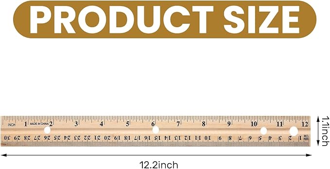 12 Pack 12 Pack Christmas Wooden Ruler Gifts 12 Inch (30cm) Bulk Wood Measuring Ruler Straight Metal Edge with 4 Holes for Teacher School Office Drafting Classroom Supplies, 2 Scale