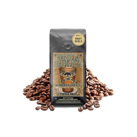 Warpath Coffee Light Roast Whole Bean Coffee, Vanilla Hazelnut Blend, High Caffeine, Strong Roasted 100% Arabica Coffee Whole Beans, Rich Aroma, Full Bodied Intense Cup, Created by Navy SEALs, 12oz