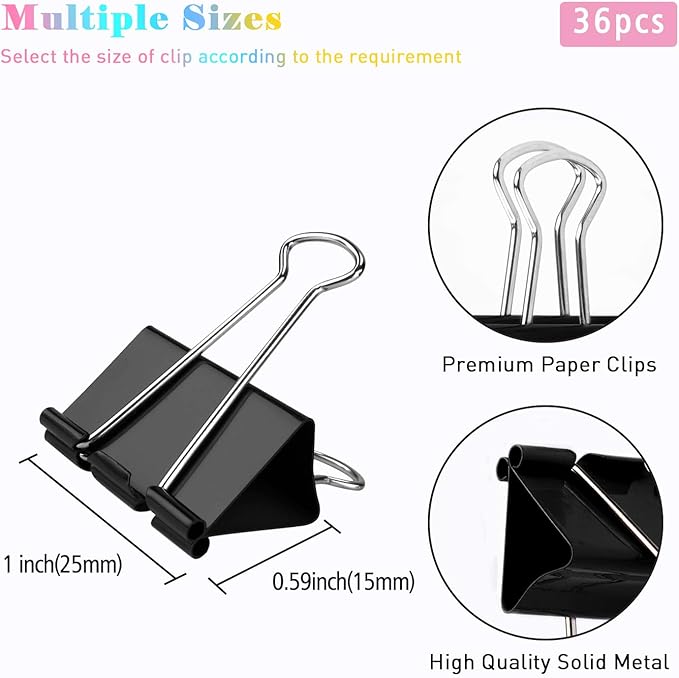 Medium Binder Clips, 36 Pack, 1 Inch, Standard 25mm, Black, Metal Fold Clamp, Capacity 0.47 Inch, Paper Clips, Office Clips, School & Home Use