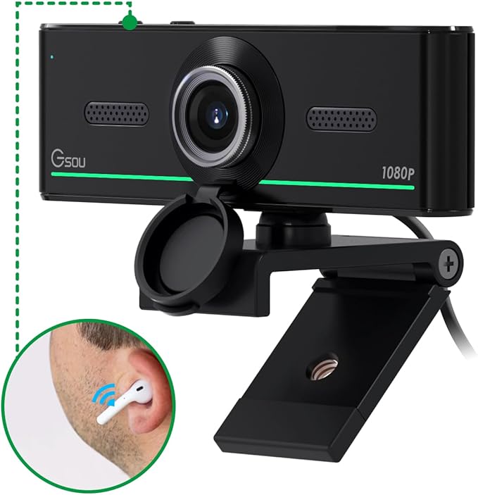 Gsou 1080P Webcam with Microphone for Desktop, Computer Webcam Connect Bluetooth Headset/Earphone/Speaker, Streaming Webcams for Live Skype Teams, PC Web Camera for Streaming,Bluetooth only for Audio