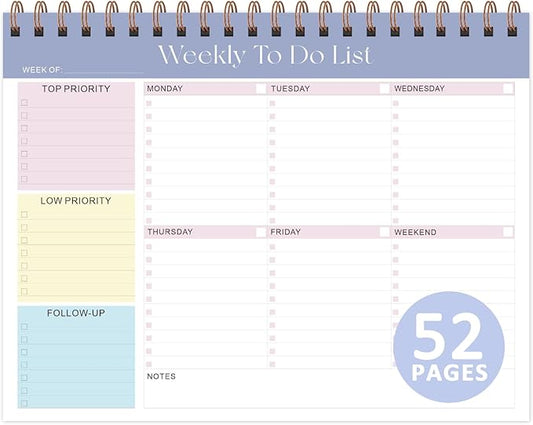 Weekly To Do List Notepad, Undated Planner with 52 Sheets (8.5''x11''), Desk Weekly Planner for Women & Man, Home School & Work (Purple)