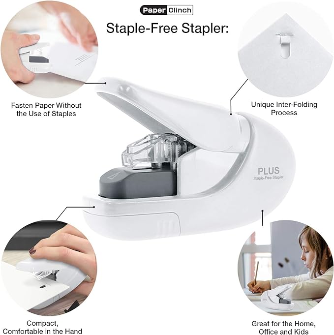 PLUS Paper Clinch Compact Staple-Free Stapler – Ivory White | Fastens up to 5 Sheets, Eco-Friendly, Safe for Kids, Lightweight & Portable for Home, School, or Office