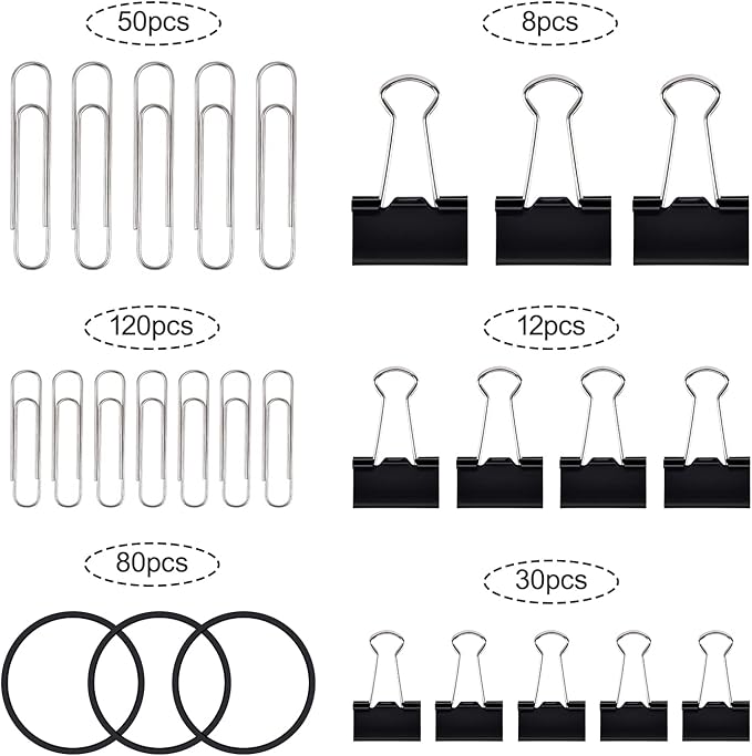Binder Clips Paperclips, Sopito 300pcs Office Clips Set with Paper Clamps Rubber Bands for Office and School Supplies, Assorted Sizes Black