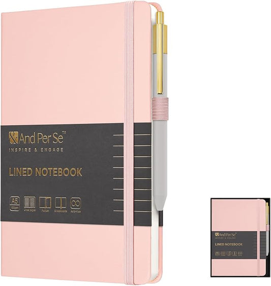 &And Per Se Lined Journal and Pen Set, A5 Hardcover Notebook, 160 Pages 100GSM Thick Paper-Gifts for Men Women, for Work, Business, School or Home Writing (Pink)