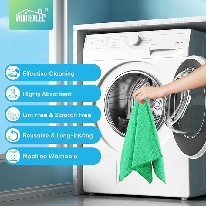 HOMEXCEL Green Microfiber Cleaning Cloth, 12 Pack Premium Microfiber Towels for Cars, Lint Free, Scratch-Free, Highly Absorbent, Reusable Cleaning Rags for Car, Household, Kitchen, Window,11.5"X11.5"