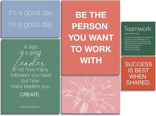 YEOION Inspirational Office Wall Art for Women,Motivational Teamwork Wall Decor for Office,Orange and Green Postive Quote Workplace Canvas Wall Art for Set of 6