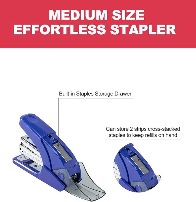 PAPERPAL Effortless Standard Stapler Set, 20 Sheet Capacity, Half Strip with Built-in Staples Storage, Includes 1000 pcs 1/4“ Staples & A Staple Remover, for Office, School & Personal Use, Dark Blue