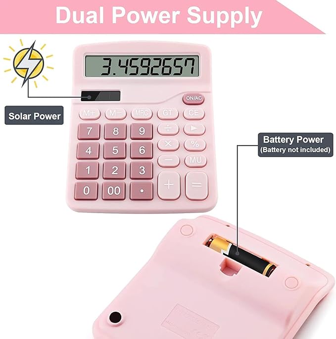 Office Desk Calculator, Cute Calculator for Kids, Basic Calculators Desktop, Dual Power Simple Financial Calculator with Big Button Large Display for Office Home and School (Pink)