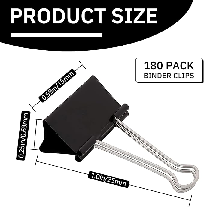 180 Pcs Small Binder Clips Black, 0.59 in/15mm Mini Binder Paper Clips, Paper Clamps for Office Supplies, Home, School,Business Document Organizing