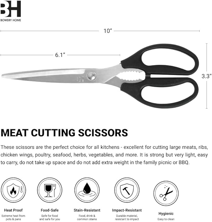 BOWERY HOME Meat Scissors - Heavy Duty Kitchen Shears - Heavy Duty Kitchen Shears - NOT MADE IN CHINA - For Cutting Food, Meat, Fish, Vegetable, Pizza (10 inches)