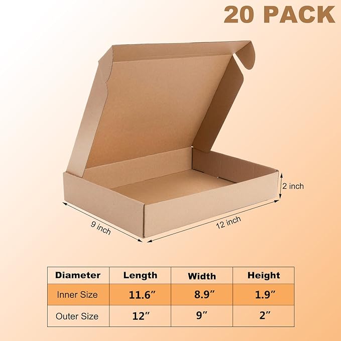 12x9x2 inches Shipping Boxes Set of 20, Brown Corrugated Cardboard Box,Recyclable Literature Mailer Boxes for Small Business Packaging, Mailing, Shipping