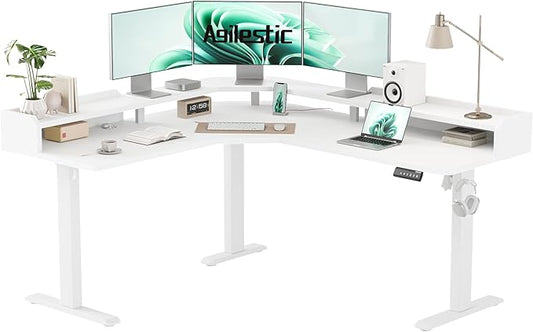 Agilestic L Shaped Standing Desk, Adjustable Height Corner Gaming Desk with Shelf, Sit Stand Up Desk, 63 x 55 Inch Home Office Computer Table, White