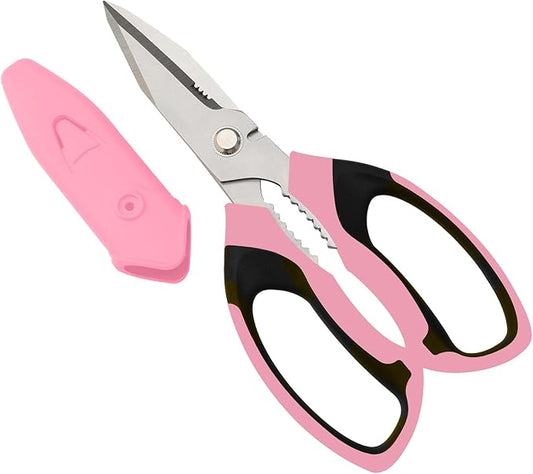 8-Inch Heavy Duty Utility Scissors All Purpose, Serrated Blade, Pink Comfort Grip for Cutting Carpet, Cardboard, Leather, Fabric, Multipurpose Sharp Shears for Kitchen, Garden, Office, Carft