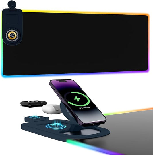 Wireless Charging Mouse Pad 4-in-1 for Phone Stand, 15 RGB Light Modes Desk Mat, XXL Large Gaming Mouse Pad with Non-Slip Rubber Base, Waterproof Keyboard Pad for PC/MacBook/Laptop (Black)