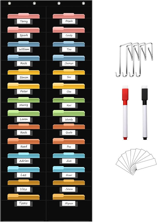 28 Pocket Hanging Wall File Organizer with 28 Name tag Pockets, File Storage Pocket Chart for Classroom and Office Use. Keeps Assignments, Files, Scrapbooks, and Papers Neatly Organized.