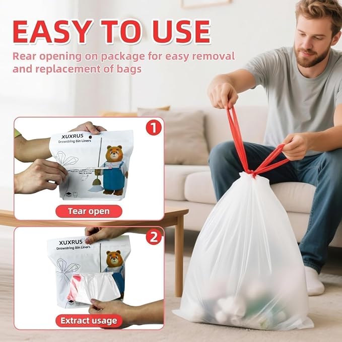 2.6-3 Gallon Trash bag Small White Drawstring Trash Bags, Tear-Free Heavy Duty Garbage Bags, Leak-Proof & Odor Blocking Small Garbage Liners for Kitchen, Bathroom, Multi-Purpose Use 60 Count by XUXRUS