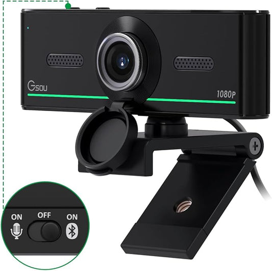 Gsou 1080P Webcam with Microphone for Desktop, Computer Webcam Connect Bluetooth Headset/Earphone/Speaker, Streaming Webcams for Live Skype Teams, PC Web Camera for Streaming,Bluetooth only for Audio