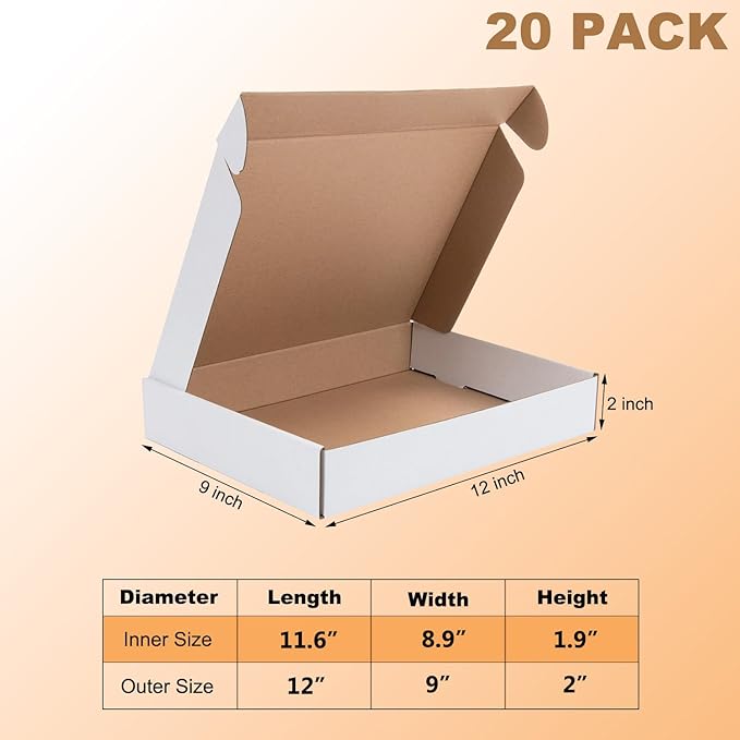 12x9x2 inches Shipping Boxes Set of 20, White Corrugated Cardboard Box,Recyclable Literature Mailer Boxes for Small Business Packaging, Mailing, Shipping