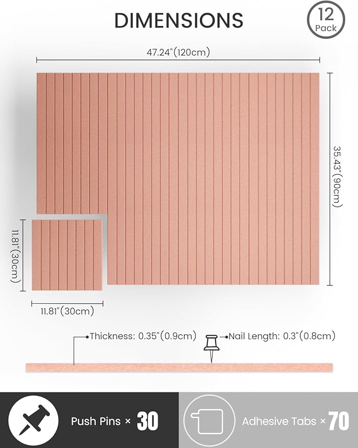 Bumusty Large Cork Board Alternative-47 x35 Felt Bulletin Board Tiles, with 30 Pushpins, 70 Adhesive Tabs, 12-Pack Slat Wall Paneling, Cork Boards for Office Push Pin Board Felt Board-Pink