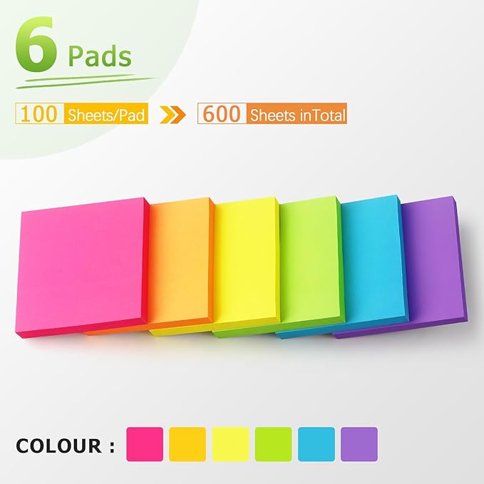 Winner Aura 3x3 Inch Bright Colors Self-Stick Sticky Notes, 6 Pack, 100 Sheets per Pad, Total 600 Sheets