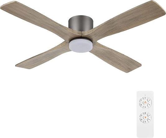 WINGBO 54 Inch Flush Mount DC Ceiling Fan with Lights and Remote, 4 Reversible Carved Wood Blades, 6-Speed Noiseless DC Motor, Hugger Ceiling Fan in Graphite Finish with Gray Blades