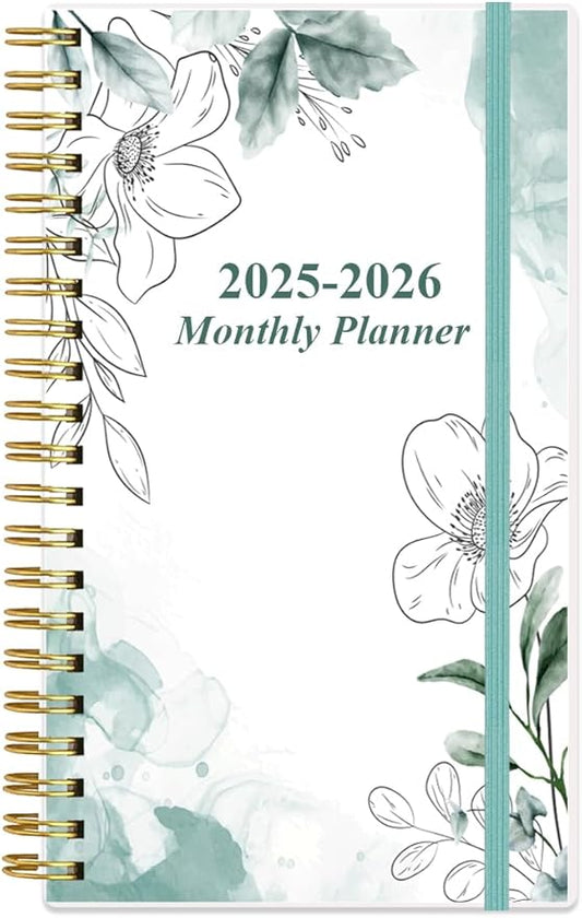 2025-2026 Monthly Planner - October 2025 - December 2026, Two Pages Per Month, 18 Monthly Calendar/Planner with Tabs, Strong Twin-Wire Binding, Inner Pocket, 3.75" x 6.5", Teal Flower