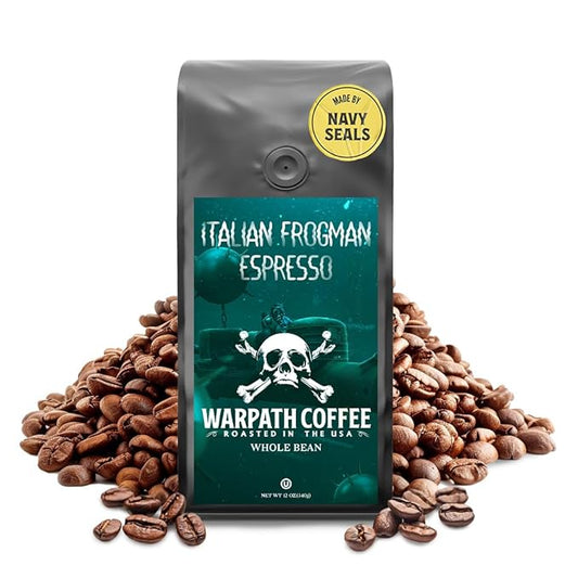 Warpath Coffee Whole Bean Coffee, Italian Frogman Espresso, High Caffeine, Strong Roasted 100% Arabica Coffee Whole Beans, Rich Aroma, Full Bodied Intense Cup, Created by Navy SEALs, 12oz