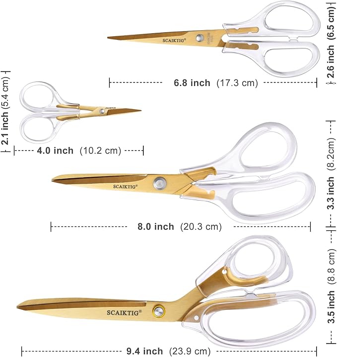 Acrylic Scissors Set, Office Scissors for Desk Gold, Clear Comfort-Grip Handles and Titanium Coated Blades, Sharp Scissors all Purpose Heavy Duty for Sewing, Art, Craft, School, Home Supplies