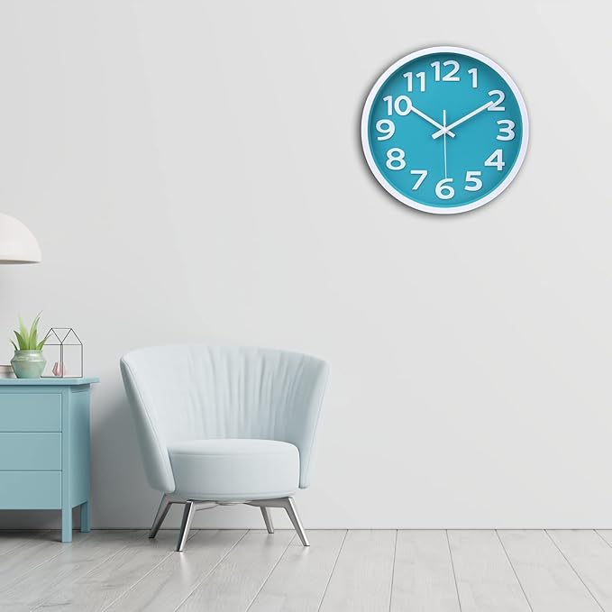10 Inch Wall Clock Silent Non-Ticking, Big Numbers Easy to Read,Battery Operated Round Quartz Analog Clock for Kitchen Bathroom Classroom Kids Bedroom Wall Decor,Coastal Beach Theme (Aqua)